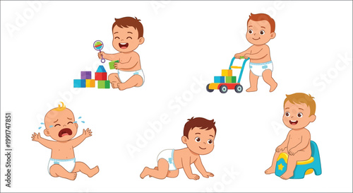 Cartoon babies in various poses with toys a colorful illustration set