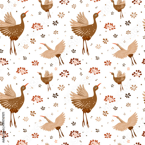 Hand drawn different plants and flowers, cute birds on white background