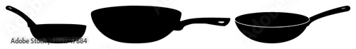 Frying pan set with black silhouette against clean white background featuring cookware, cooking, kitchen utensil with silhouette and minimalism