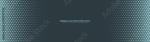 Rhombus grid cyan halftone pattern faded gradient border frame ultra wide 32:9 aspect ratio vector technology abstract background. Half tone ultrawide retro futuristic cyberpunk graphical abstraction