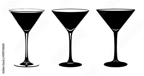Martini glass set with black silhouette on white background featuring cocktail, beverage, iconography with line art and silhouette