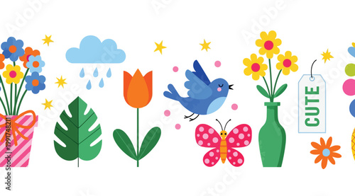 Collection of cute spring and summer nature icons vector illustration with flowers, bird, butterfly, cloud, and leaves