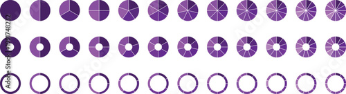 Circle pie chart diagram. Circle division infographic icon set. Loading bar set diagram multicolored collection. Pie chart divided 1,2,3,4,5,6,7,8,9,10, 11, 12 equal parts.	