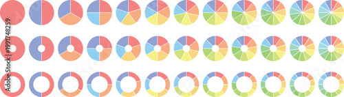 Circle pie chart diagram. Circle division infographic icon set. Loading bar set diagram multicolored collection. Pie chart divided 1,2,3,4,5,6,7,8,9,10, 11, 12 equal parts.	