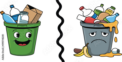 Happy recycled waste and sad mixed trash comparison concept promoting cleanliness environmental awareness recycling habits flat vector illustration design