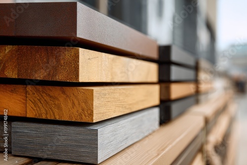 Stacked wood planks show brown, tan, grey tones in blurred background