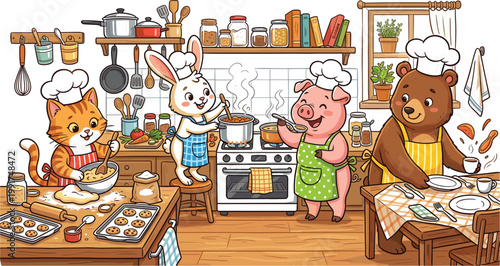 Animal Cooking Kitchen Cartoon Illustration Scene Featuring Cat Baker Rabbit Chef Pig Cook Bear Preparing Meal Homemade Food Editable Vector Collection