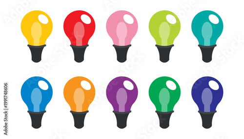 Colorful flat light bulb set isolated on white for festive holiday decorations and creative ideas. This vibrant collection of multicolored lamps is perfect for party banners and posters.