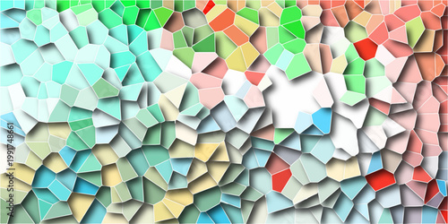 Quartz light multicolor Broken Stained Glass Background white stoke with shadows. Abstract colorful mosaic pattern Seamless Geometric Retro tiles .Cement kitchen decor with crack floor light design.	