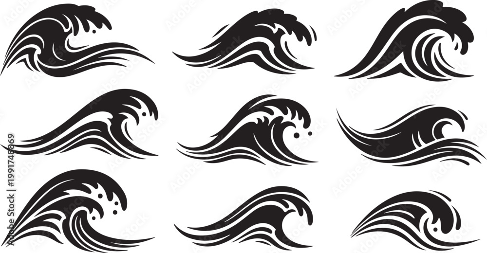 Fototapeta premium Collection of black wave graphics on white background