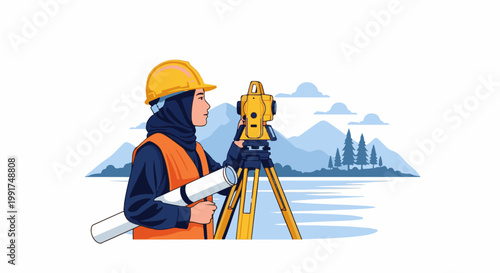 Woman surveyor in hard hat and vest with blueprints and equipment