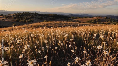 Golden mountain meadow with dry flowers at sunset
