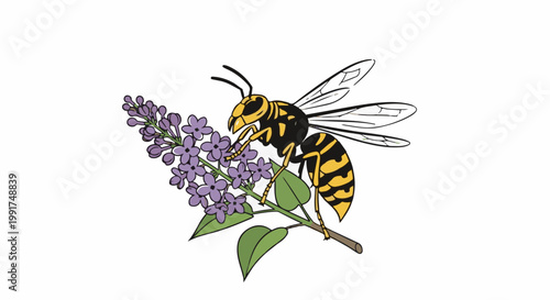 Yellow and black wasp on a sprig of purple flowers with green leaves