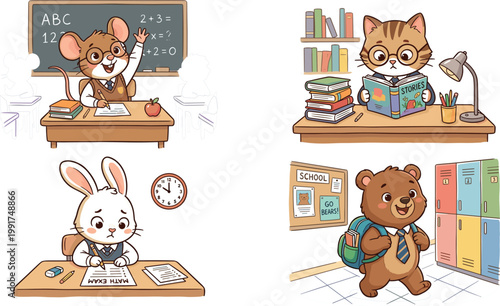 Animal School Classroom Education Cartoon Illustration Set Featuring Mouse Teacher Cat Reader Rabbit Student Bear Schoolboy Editable Vector Collection