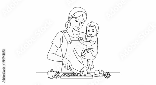 Woman with baby prepares vegetables in kitchen