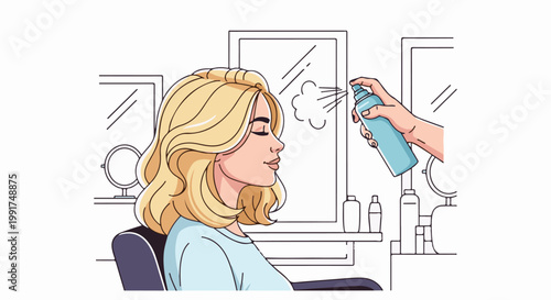 Woman with blonde hair gets hairspray from a stylist in a salon