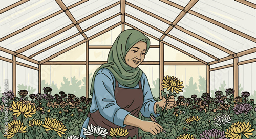 Woman tending to blooming chrysanthemums in a greenhouse
