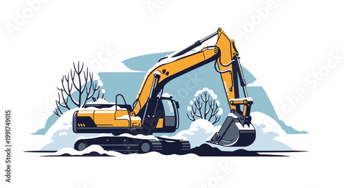 Yellow excavator clearing snow-covered ground with bare trees in background
