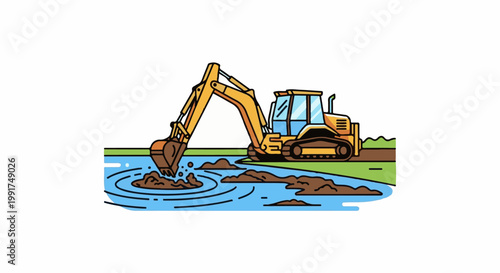 Yellow excavator digging dirt from a blue body of water with a green bank