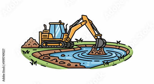 Yellow excavator digs earth into blue water, surrounded by green grass