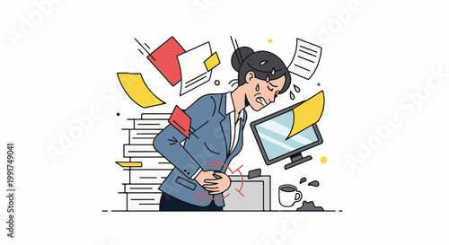 Woman with stomach pain amidst chaotic work environment