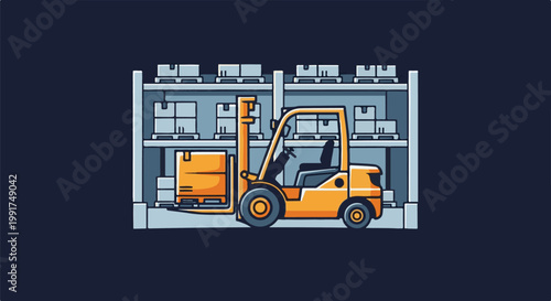Yellow forklift moves boxes in a warehouse with tall shelves
