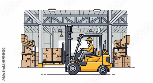 Yellow forklift with operator moves boxes in a warehouse with tall shelves