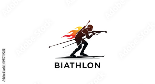 Biathlon Athlete Skiing and Shooting Rifle with Fiery Flames Illustration.