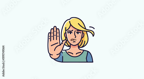 Woman's hand raised in stop gesture, face shows disapproval