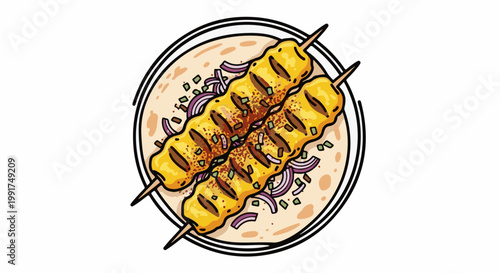 Yellow skewered meat with red onion and herbs on flatbread