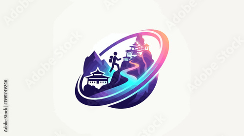 Colorful illustration of a person hiking up a mountain path towards a temple.