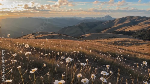 Golden mountain meadow with dry flowers at sunset