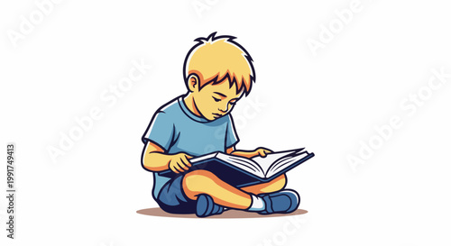 Young boy with blonde hair sits cross-legged, engrossed in reading a book