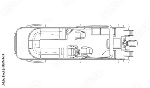 Pontoon boat side view line art vector motorboat outline minimalist marine illustration