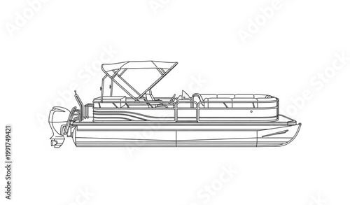 Pontoon boat top view blueprint line art vector motorboat layout minimalist technical illustration