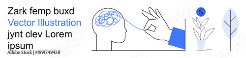 Mental clarity, productivity, cognitive improvements, investment, growth, focus. Hand unraveling brain while plants and money symbol appear. Mental clarity and productivity concept
