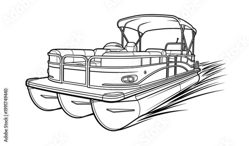 Pontoon motorboat perspective line art vector dynamic marine vessel minimalist outline illustration