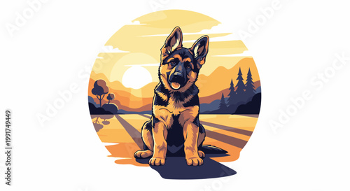 Young German Shepherd sits in a sunset landscape of trees and hills