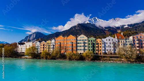 Panoramic view of sunshine day scene at Innsbruck cityscape, colorful historic buildings in Innsbruck, Austria
