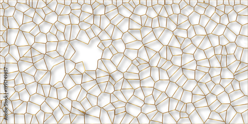 Golden gradient lines stroke abstract white crystalized broken glass background with shadows. Voronoi diagram background. abstract desktop texture design digital art wallpaper, vector illustration.	
