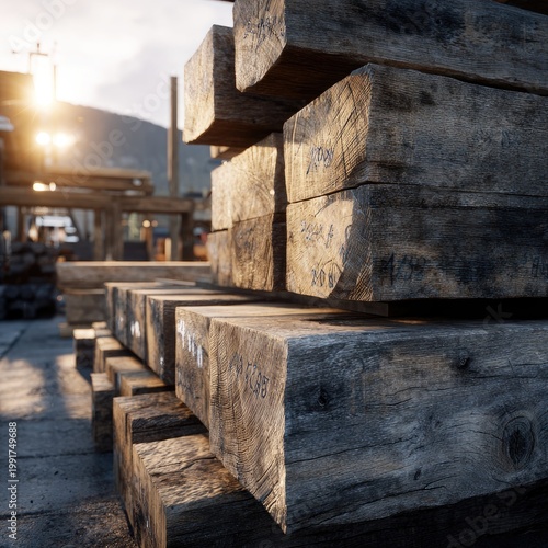 Stacked weathered wood beams, construction site