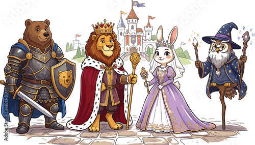 Animal Medieval Royal Fantasy Characters Illustration Set Featuring Bear Knight Lion King Rabbit Queen Owl Wizard Editable Vector Collection