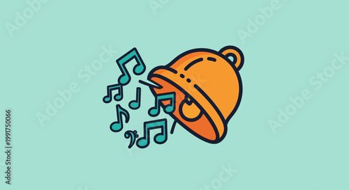 A colorful hand drawn icon of a ringing bell with floating musical notes.