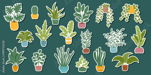 Set of houseplants stickers isolated on green. Concept of greening, home decor, nature, botanical design, ecology, care, growth and sustainability. Vector hand drawn cliparts.