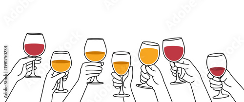Hand Holding Wine Glass Color Toast Cheers Beverage Vector Set