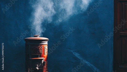 Steaming stove against rich blue wall, sunlight beams through smoke
