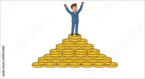 Celebrating success a man on top of a golden coin stack