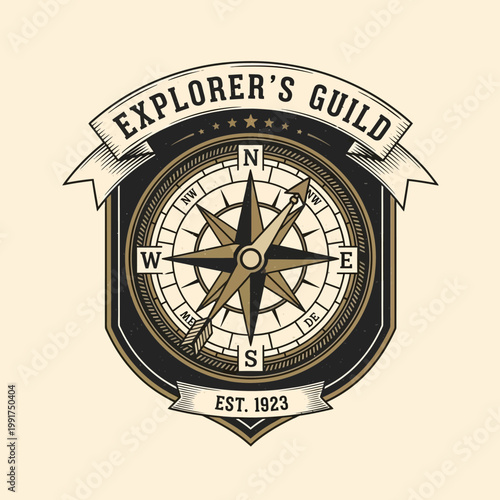 Vintage Explorers Guild Compass Emblem with Banner.