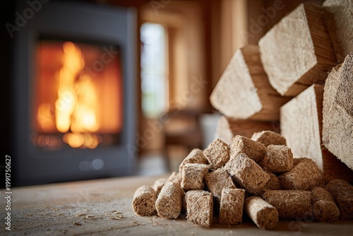 Wood briquettes pile near a fireplace with warm, blurred flames