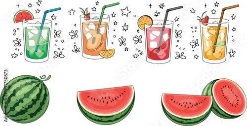 Fresh fruit juice vector illustration set with watermelon melon peach raspberry and citrus drinks in glass cups with ice